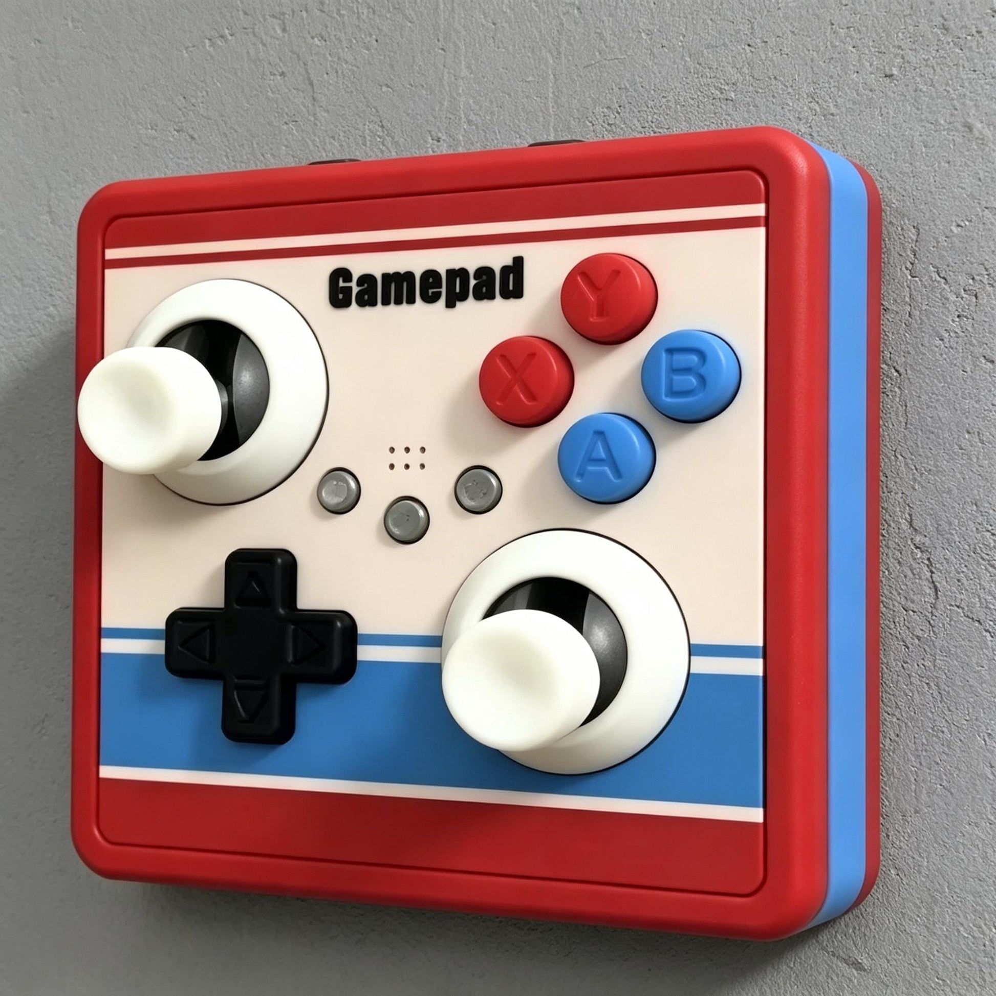 May include: A square-shaped gamepad controller featuring a red, white, and blue color scheme. The device includes two white joysticks, a black directional pad, and four action buttons labeled X, Y, A, and B. The word Gamepad is printed in black.