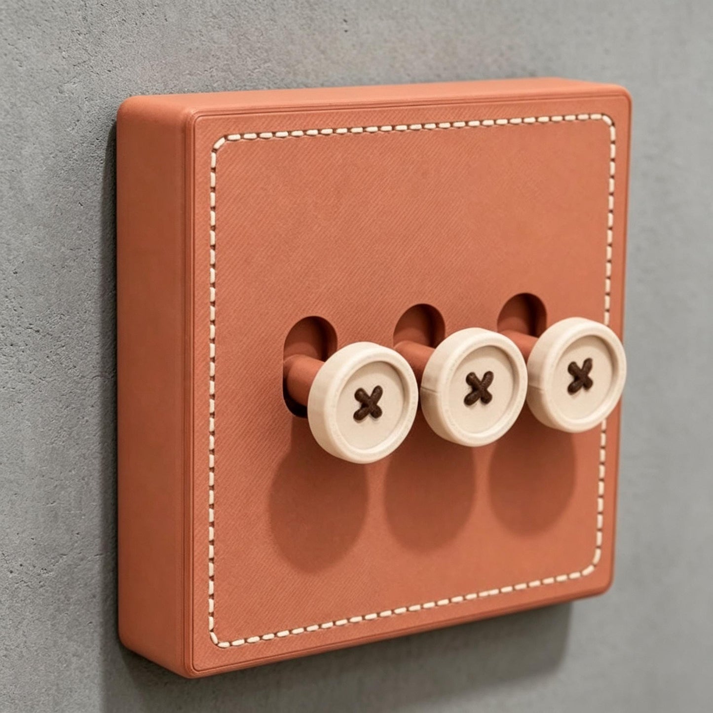 May include: A square, terracotta-colored light switch cover plate featuring a faux-stitched white border and three protruding, cream-colored toggle switches shaped like round buttons, each with a dark brown cross-stitch detail in the center.