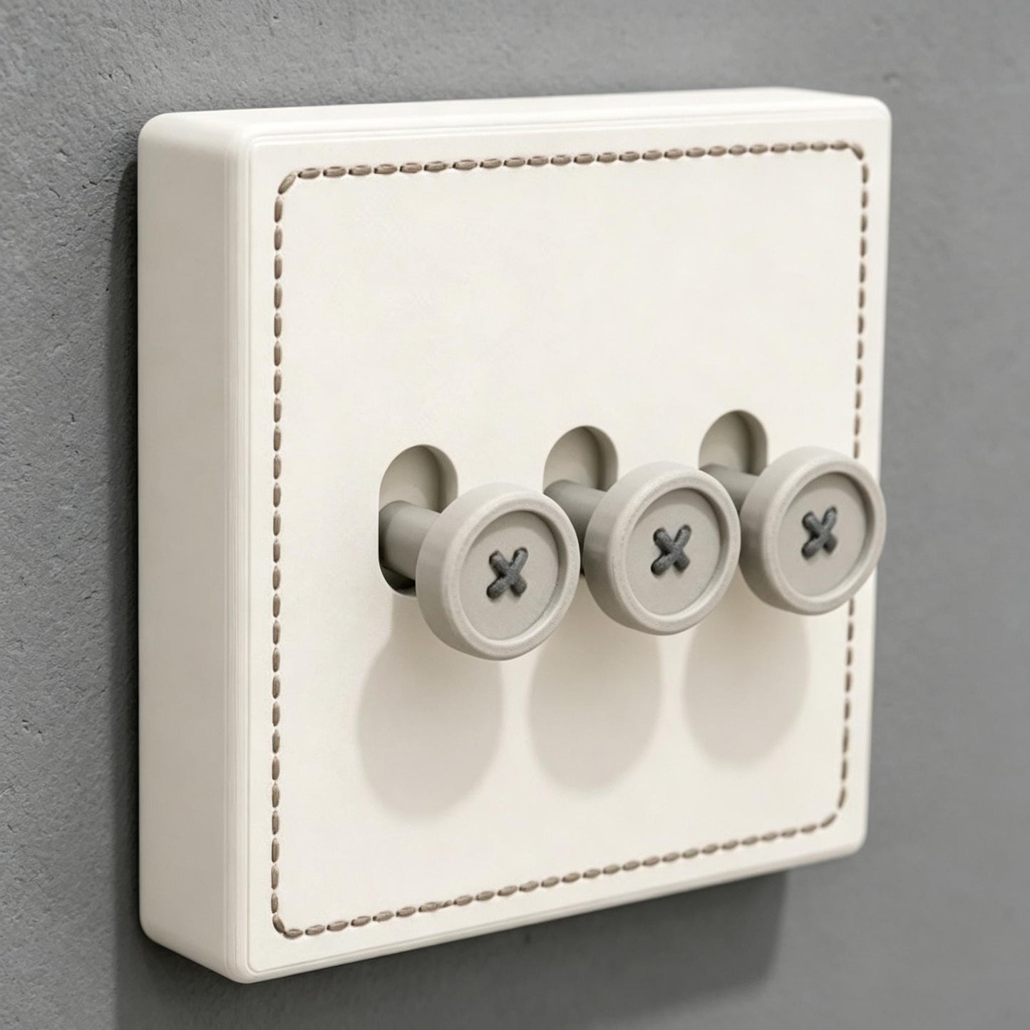 May include: A square off-white light switch plate featuring a decorative brown stitched border. The plate includes three protruding light switch toggles, each designed to resemble a round gray button with a dark gray cross-stitch pattern.