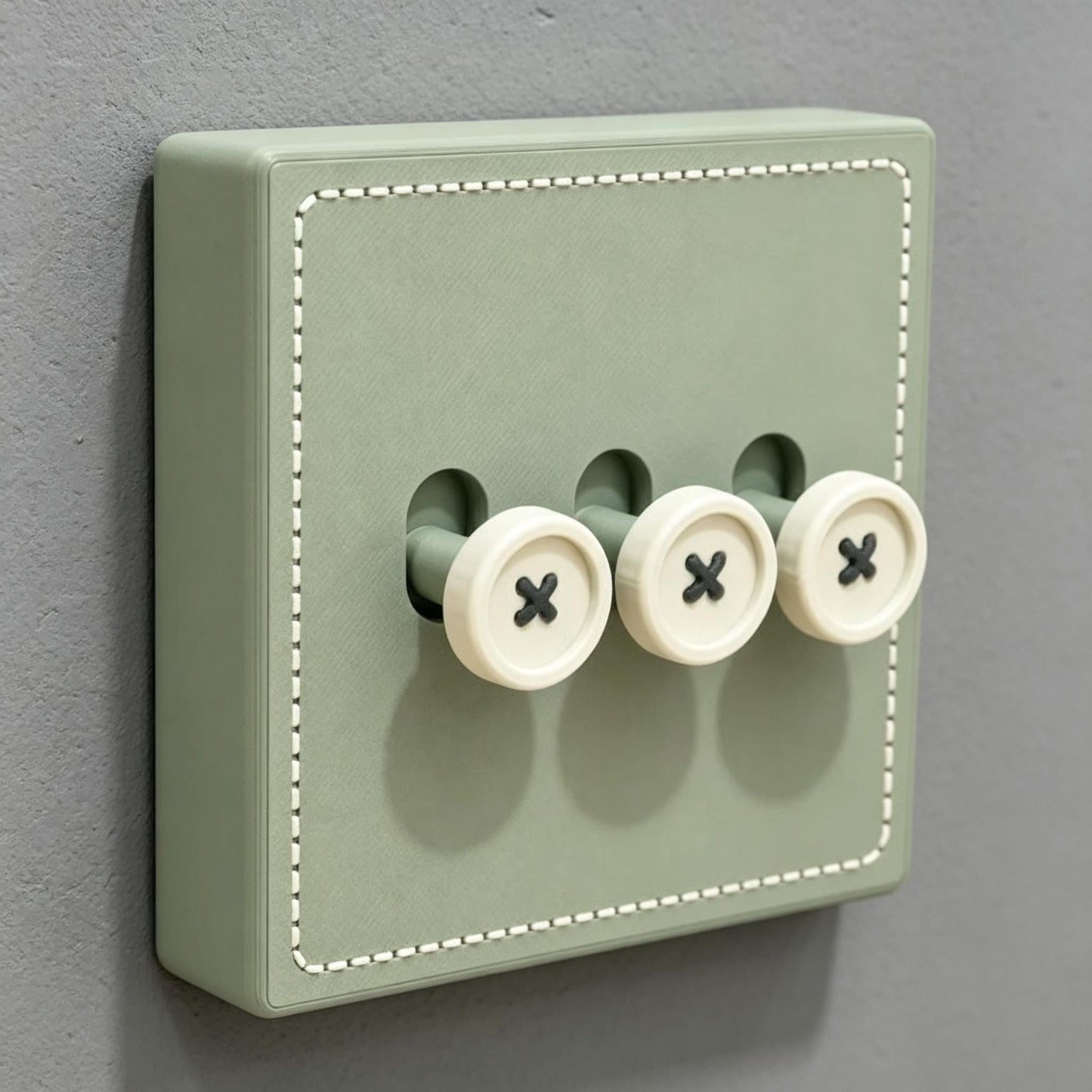 May include: A sage green light switch plate featuring a square shape with white stitched detailing along the border. The plate includes three protruding toggle switches designed to resemble round, cream-colored buttons with black cross-stitch patterns.
